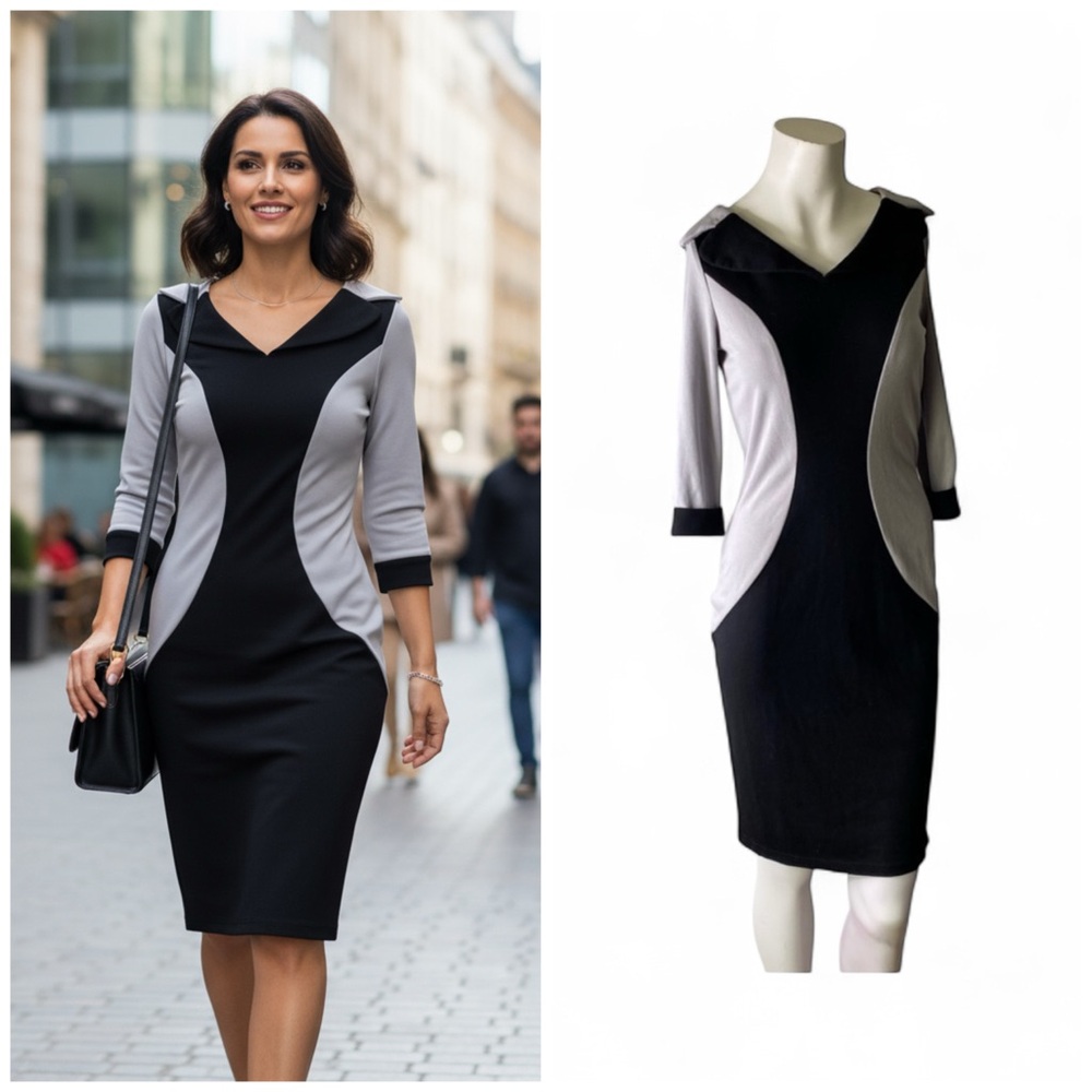 HOMEYEE Black/Gray Color Block Dress 3/4 Sleeve Business, Work Wear US Size 6